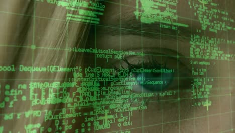 procesamiento de datos a través de la red de cuadrícula frente a una vista de cerca del ojo femenino