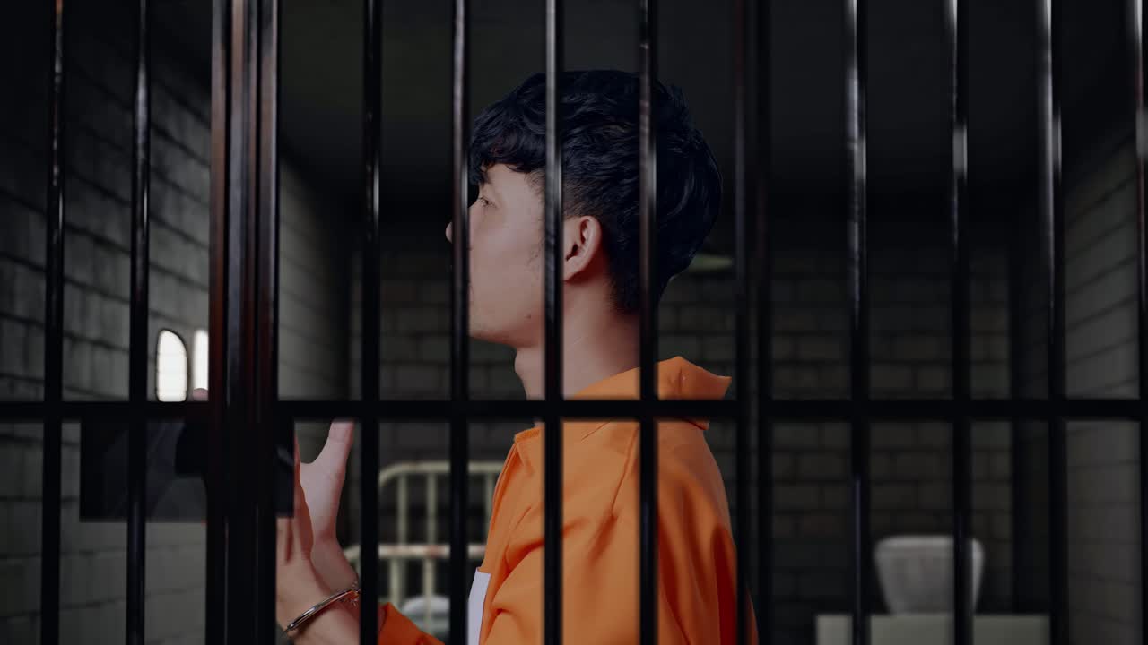 vista lateral de cerca de un prisionero masculino asiático preguntándose en esposas de pie dudoso en la prisión, levantando las manos en ira y gritando por qué