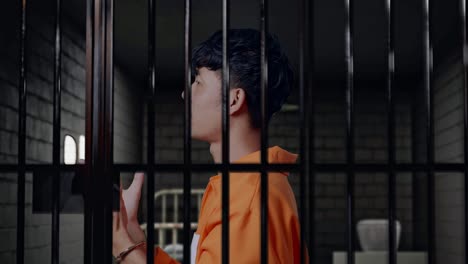 vista lateral de cerca de un prisionero masculino asiático preguntándose en esposas de pie dudoso en la prisión, levantando las manos en ira y gritando por qué