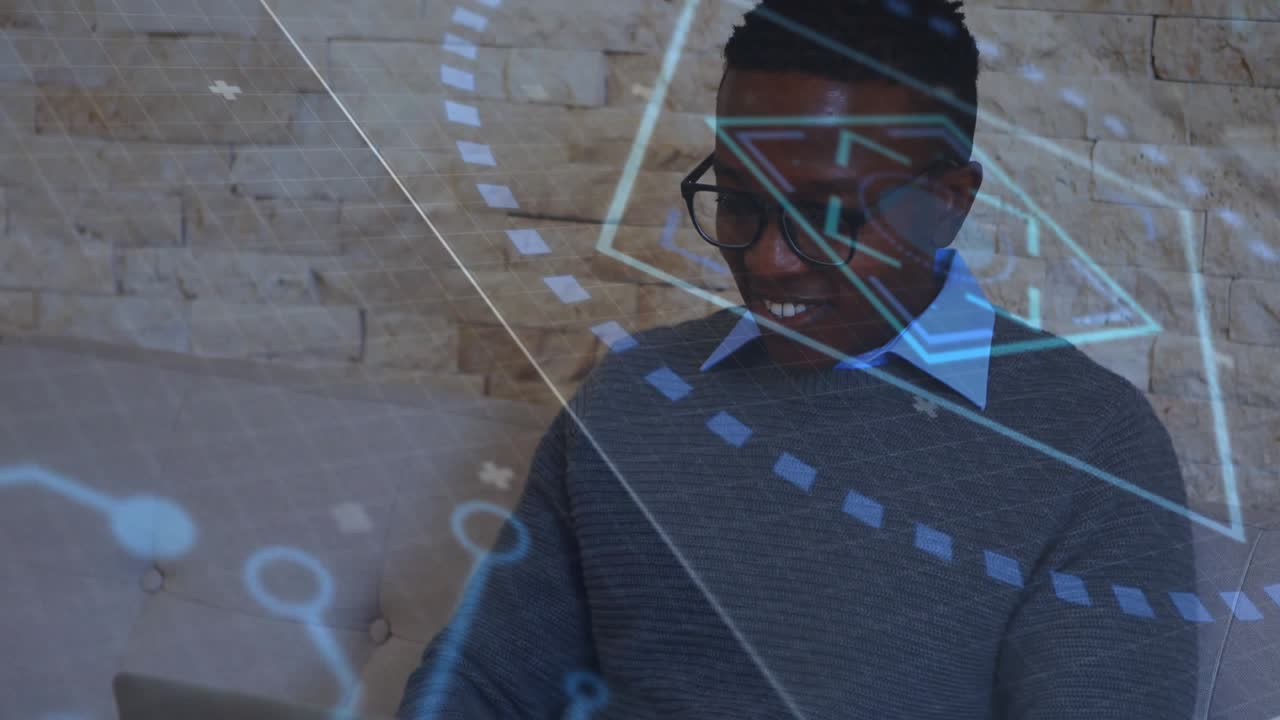 Man opening laptop, tapping keyboard and animating holographic grids rotating for tech analysis