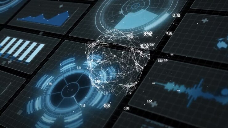 Animation of global network and processing data over scanner, graphs and charts on interfaces
