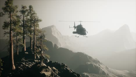 extreme slow motion flying helicopter near mountain forest