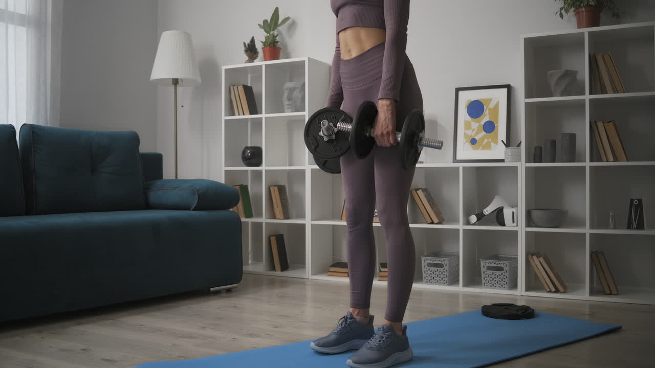 gym bunny female model is training with dumbbells in hands and doing tilts training in living room healthy lifestyle and bodybuilding