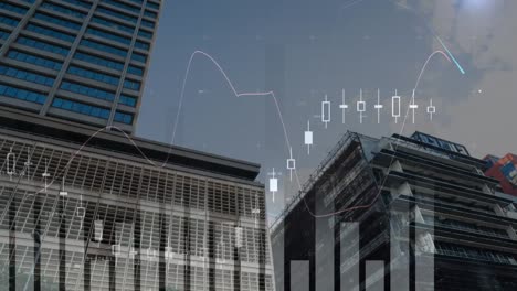 statistical data processing against view of tall buildings in background