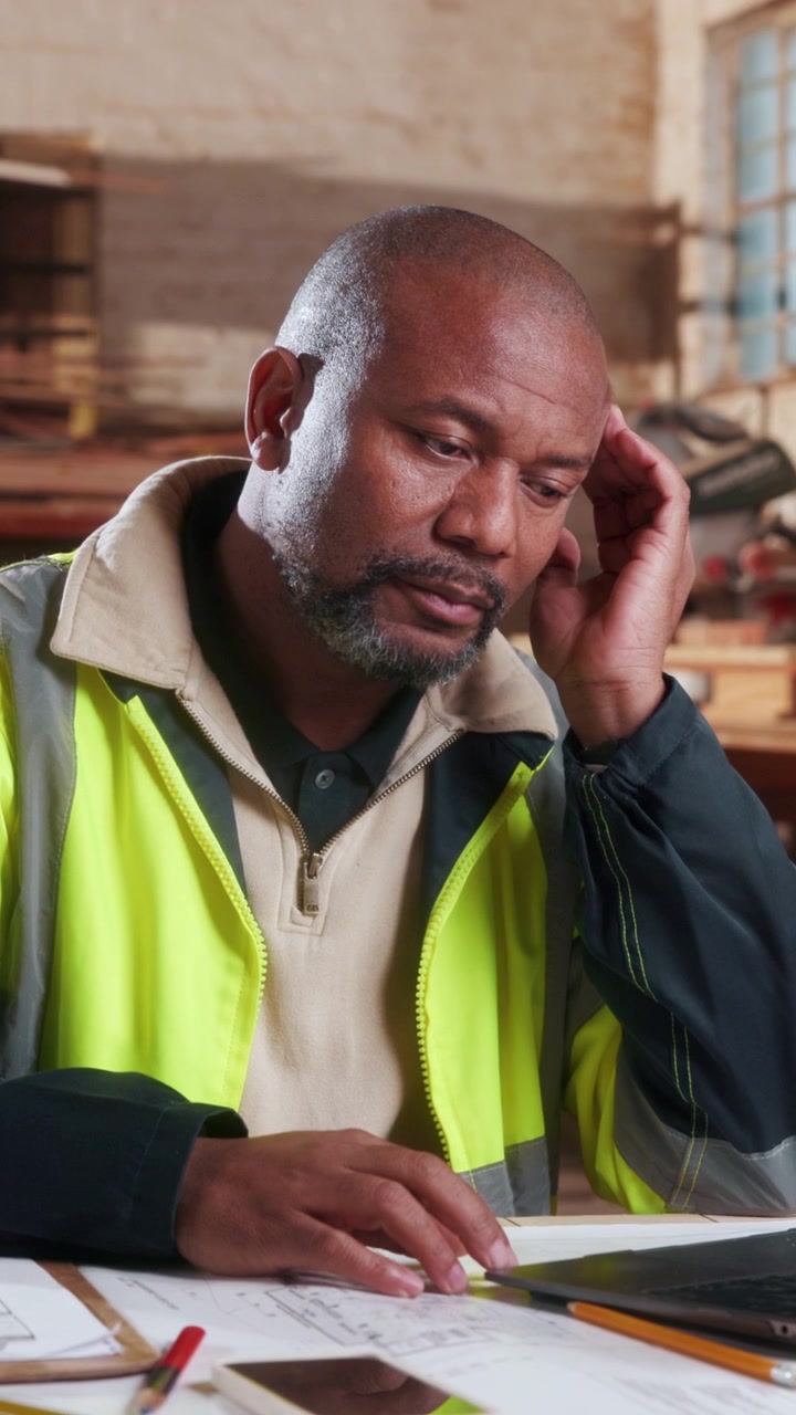 Stressed Construction Manager Reviewing Blueprints on Laptop in Workshop