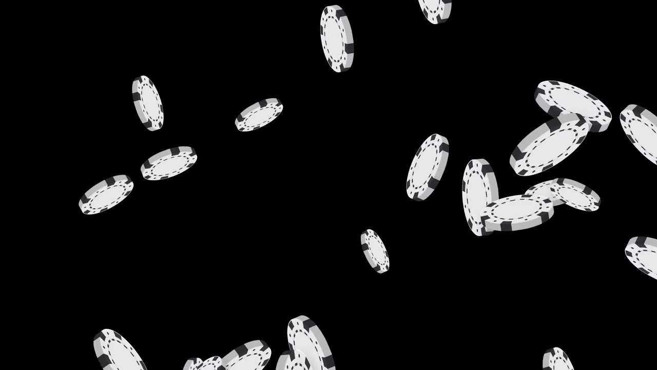 White casino chips burst and fall through black space with realistic 3D motion and rotation.