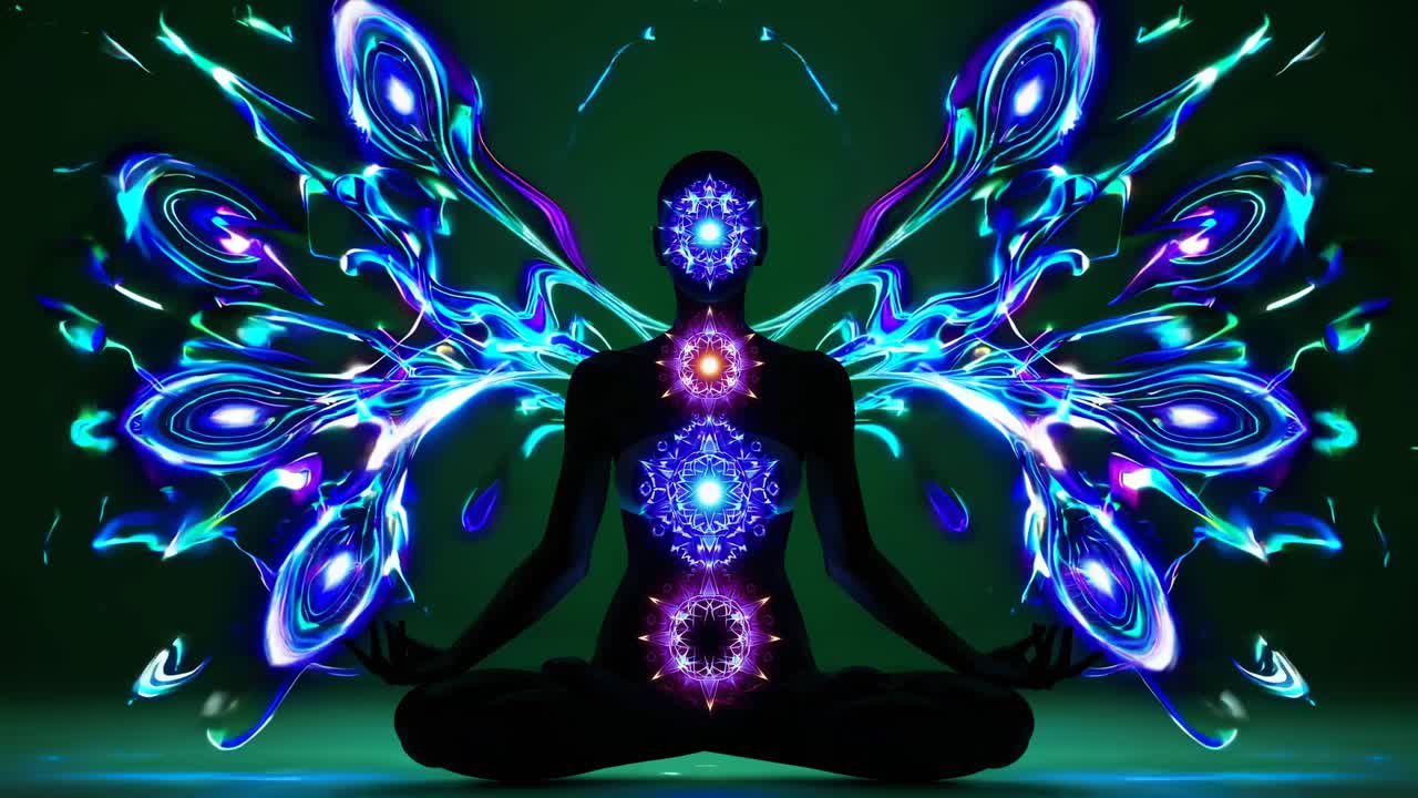 Silhouette in lotus pose with vibrant, symmetrical energy patterns