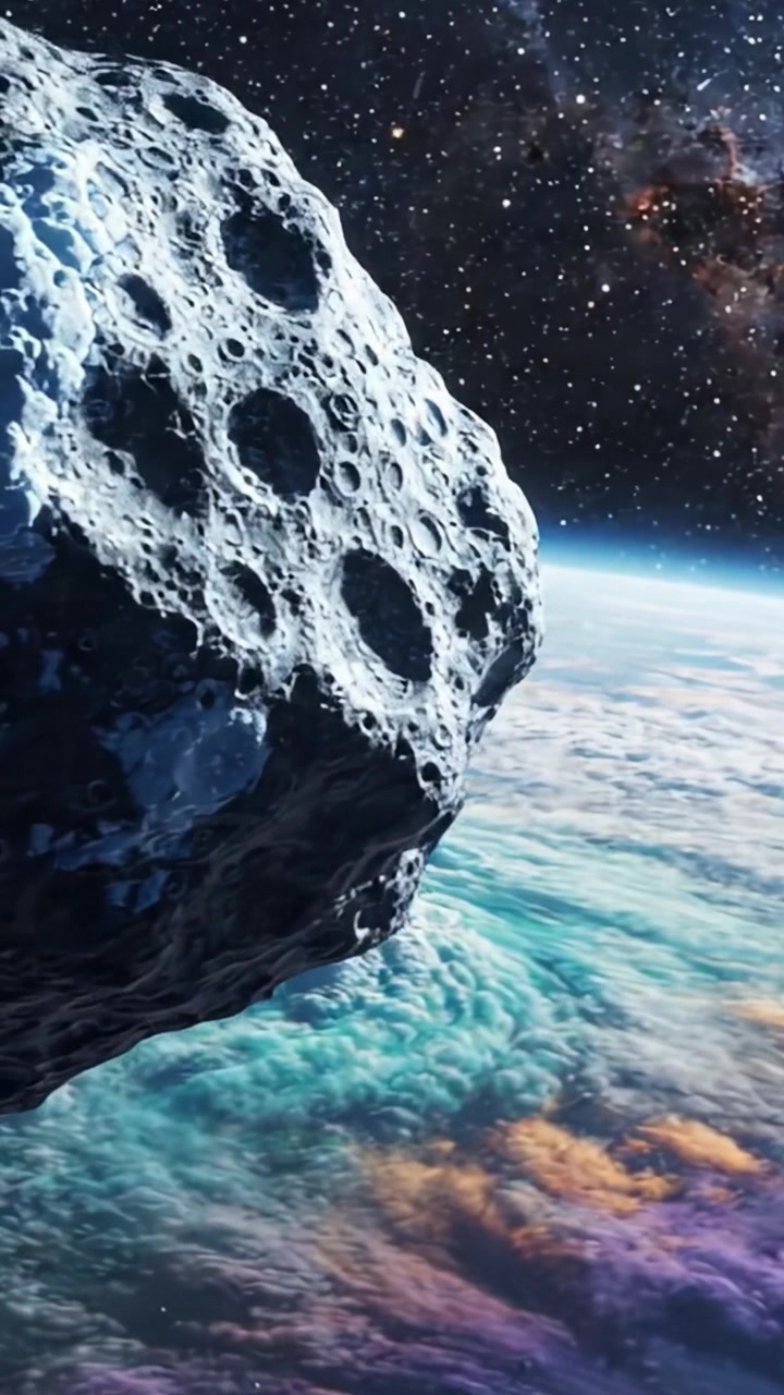 Una vista celeste mozzafiato: un asteroide che fluttua con grazia sopra un pianeta dai colori vivaci in mezzo alla bellezza del cosmo.
