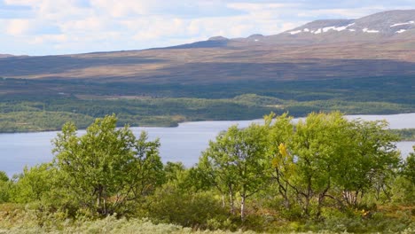 Beautiful-norwegian-landscape-with-natural-lake-and-mountains-in-background-during-sunlight