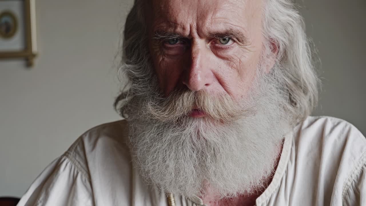 Close-up video shot of an elderly man with a long white beard, looking directly at the camera