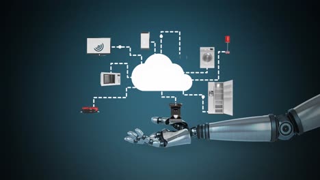 mano robótica que presenta el símbolo digital iot rodeado de iconos de electrodomésticos