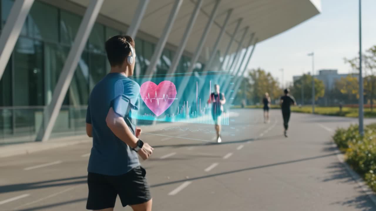 A Health-Conscious Runner Tracking Their Fitness Journey with Heart Rate Visualization While Jogging in an Urban Environment