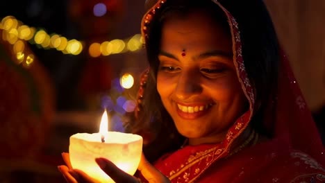 an indian woman is holding a candle in her hand, diwali tradition.