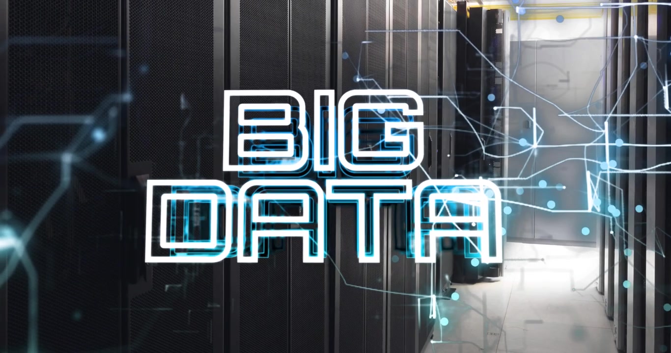 Animation of big data text over computer servers