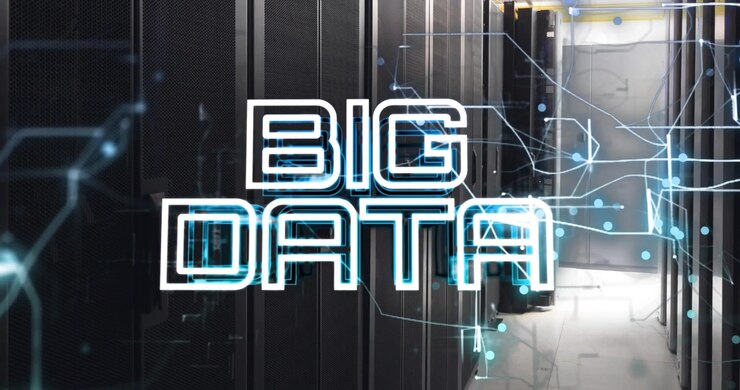 Animation of big data text over computer servers