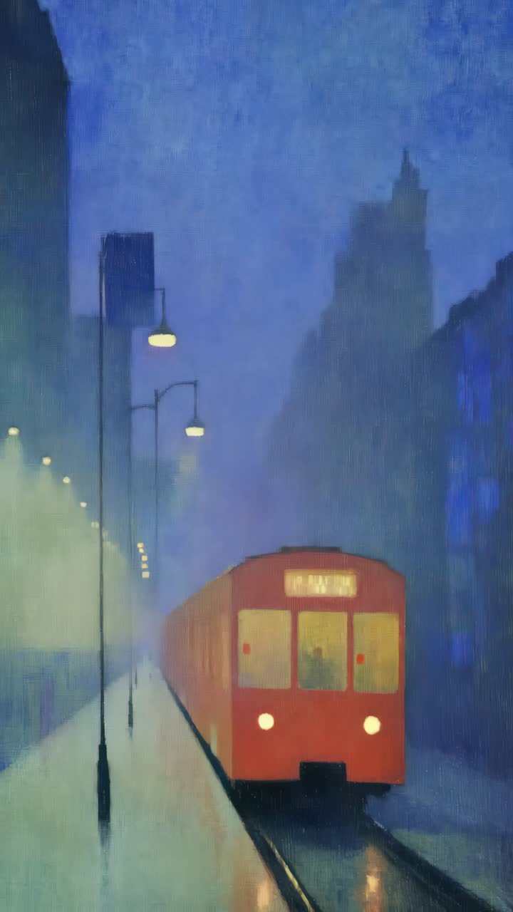 A video-style image of a red train in a foggy cityscape at night, captured from a low angle