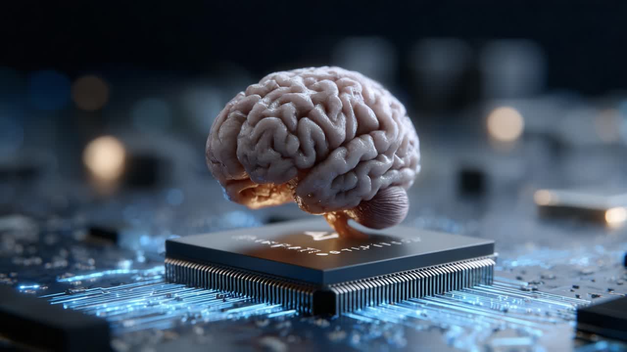 A Stunning Representation of the Human Brain Interfaced with Advanced Technology, Merging Neuroscience and Computing on a Circuit Board
