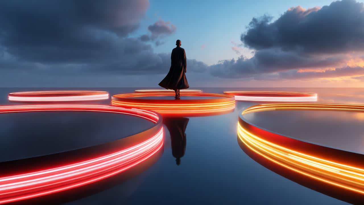 A solitary figure stands on luminous circular platforms amidst a tranquil reflective surface under a dramatic sky, creating a captivating interplay of light, reflection, and solitude in a serene environment
