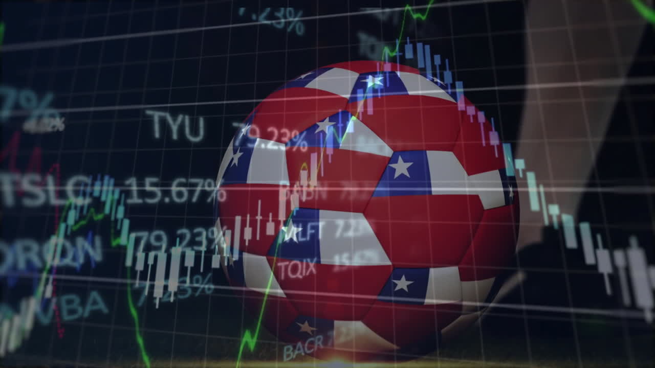 Overlaying financial stock market graphs, soccer ball with American flag design