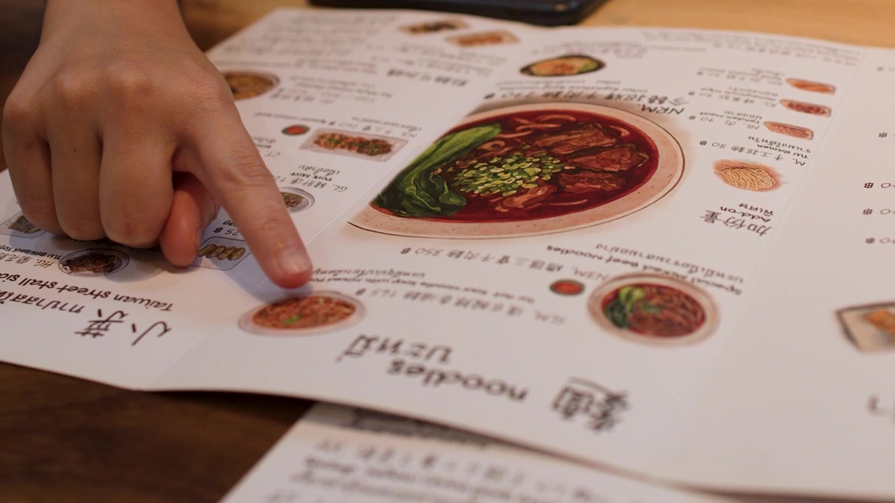 Close-up of diners browsing and pointing at dishes on a restaurant menu under warm light.
