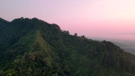 Tropical-forested-hill-with-pink-sunset-behind-in-Indonesia