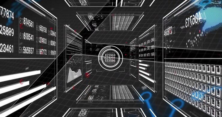 Wireframe corridor appearing reticle updating numbers pulsing panels cycling visualizing live data