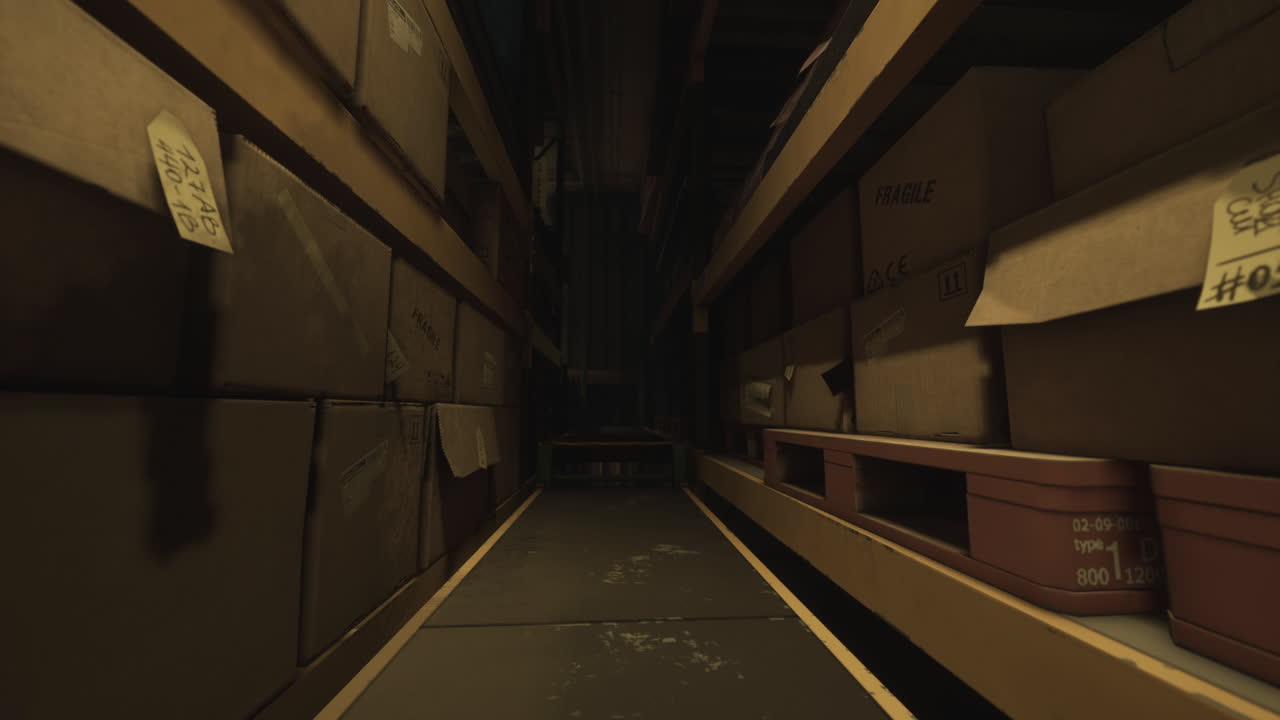 Mysterious corridor in a dark storage facility with stacked boxes and shadows