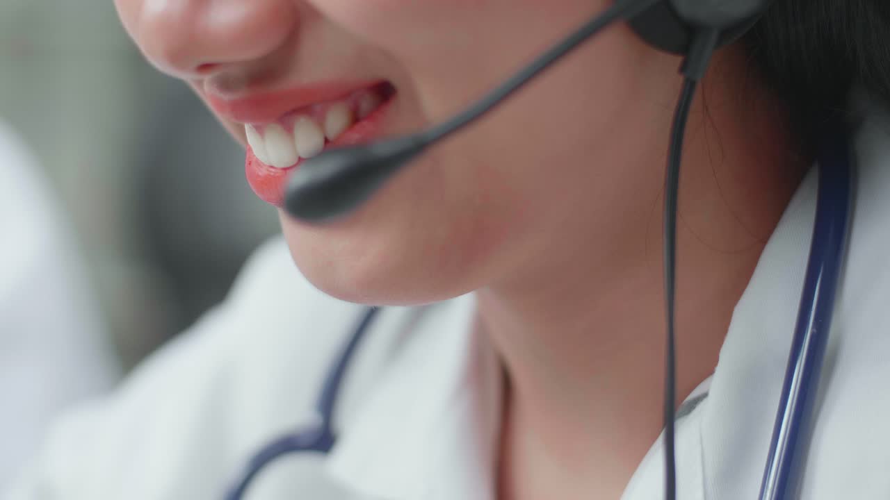 Close Up Of An Asian Woman Doctor Wearing Headsets Working As Call Center Agent And Speaking To Customer On The Call During Woking With Colleagues At The Office