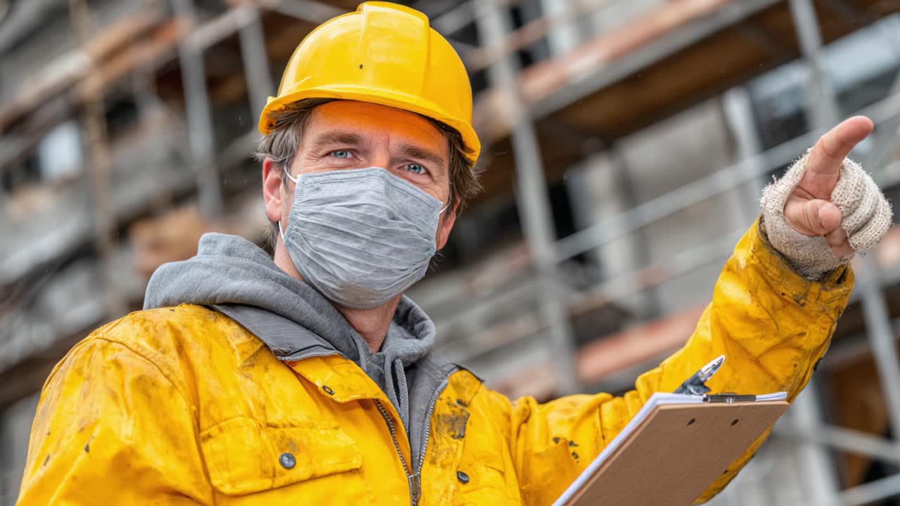 Construction Worker in Safety Gear Directing Activities with Clipboard on Site, Emphasizing Safety Protocols and Team Coordination Amid Ongoing Projects