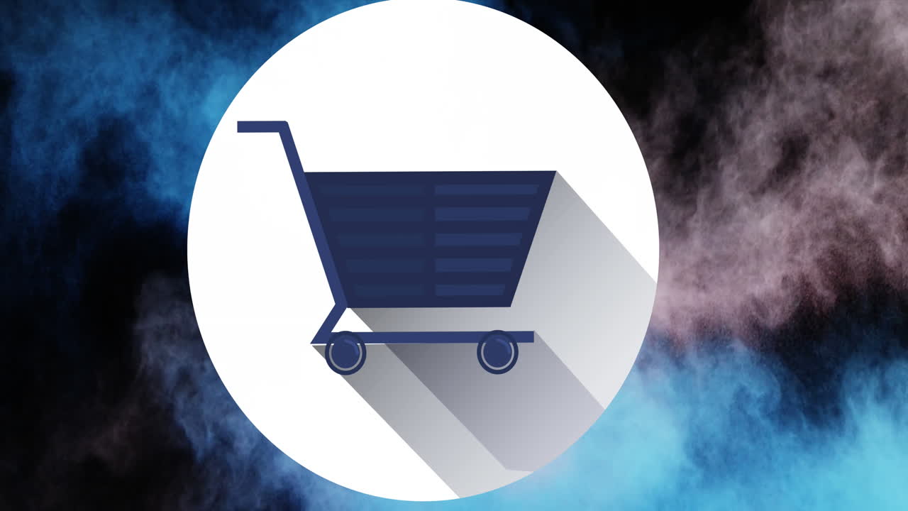 animación del icono del carrito de compras sobre polvos coloridos en el fondo