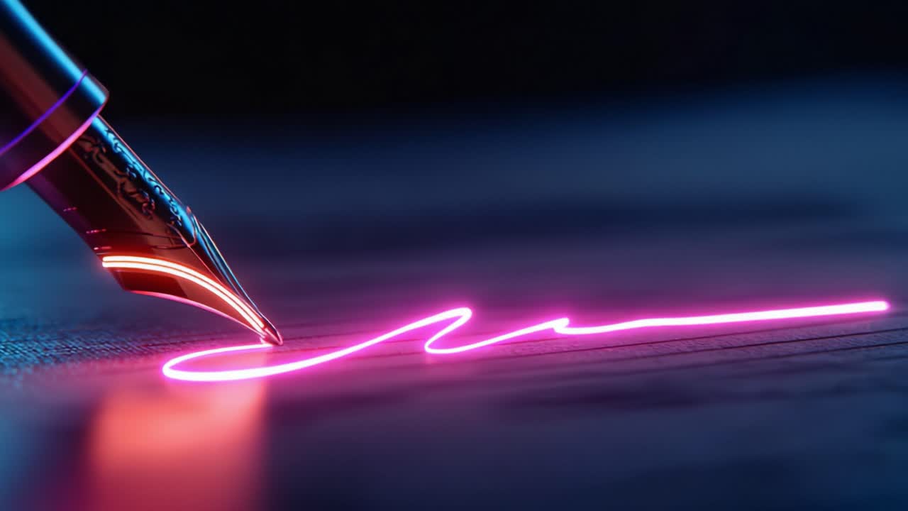 Macro shot of a fountain pen nib writing an electronic signature with a glowing pink neon light on a dark paper document, representing innovation in digital transactions and agreements