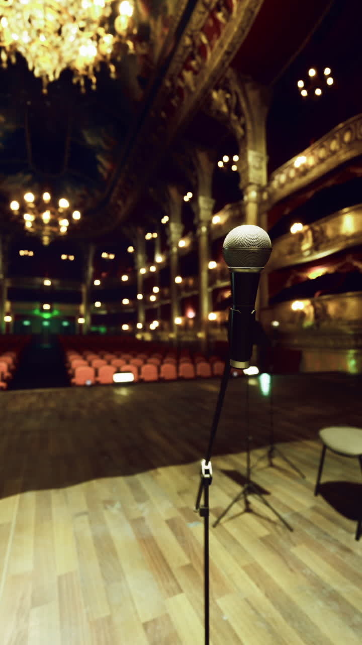 Historic theater interior with elegant chandeliers and grand decor