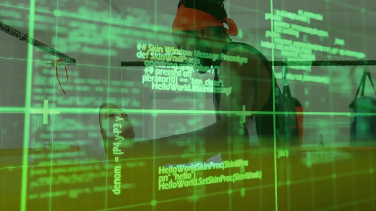 Trainer offering object, causing athlete tilting head, opening mouth in boxing, green grid shifting