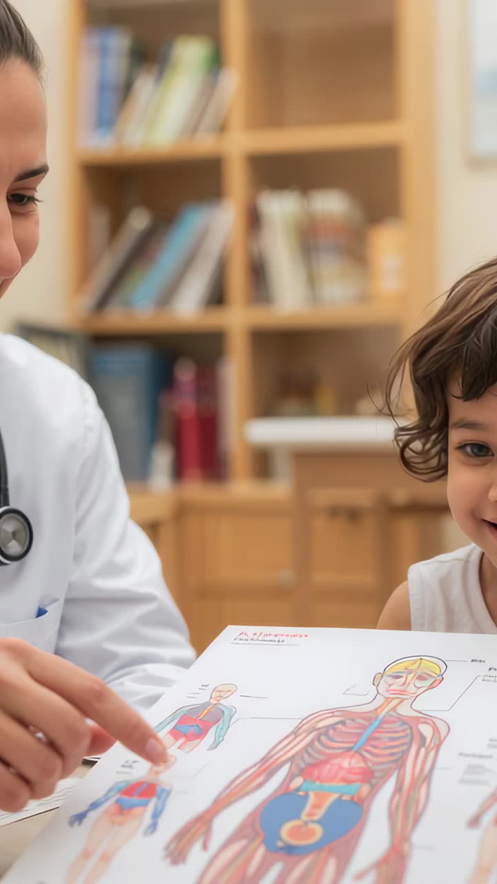 Vertical video: Visit starting doctor in white coat pointing at organ chart in clinic, teaching kid