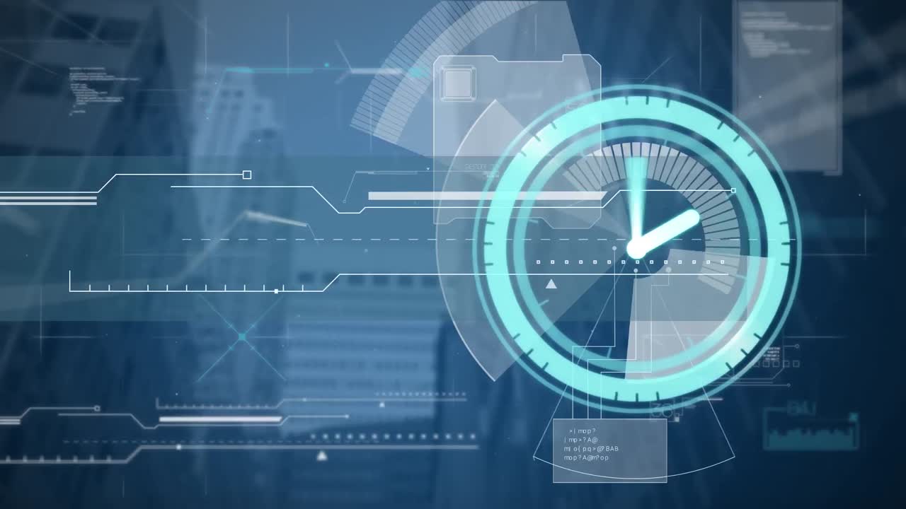 Neon green digital clock ticking and digital interface with data processing against tall buildings