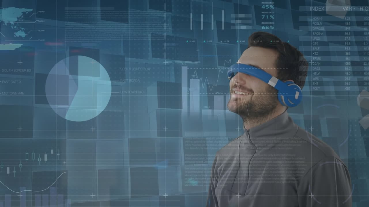 Animation of caucasian businessman with headphones over data processing