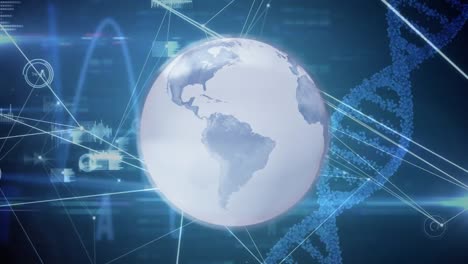 Animation-of-globe-over-network-of-connections-and-data-processing-against-spinning-dna-structure