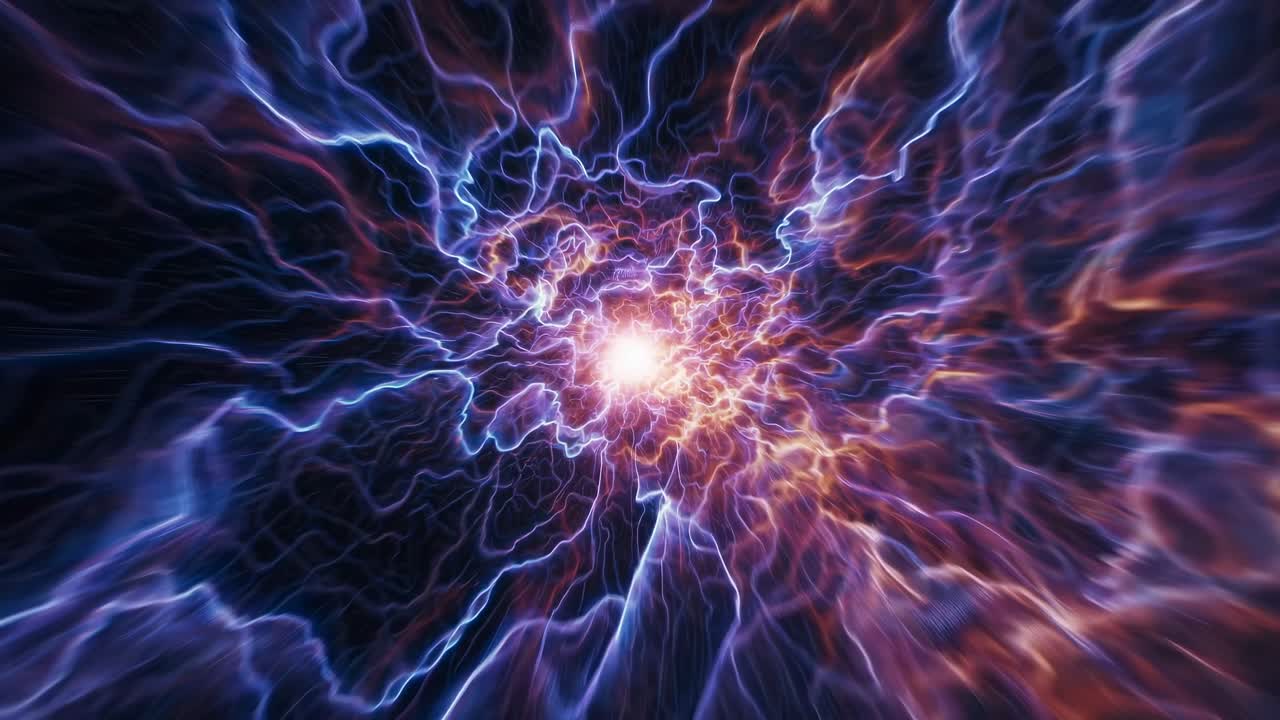 Esplosione di energia dinamica ed elettrificante da un punto centrale, catturata con un'angolazione dall'alto.