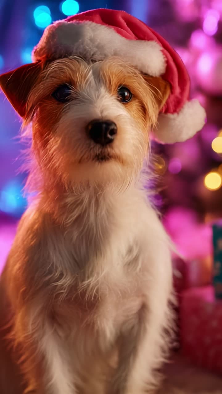 A Festively Adorned Dog with a Santa Hat Captured in a Colorful Holiday Setting Filled with Glittering Lights and Presents, Perfectly Embodying the Joy of the Christmas Season