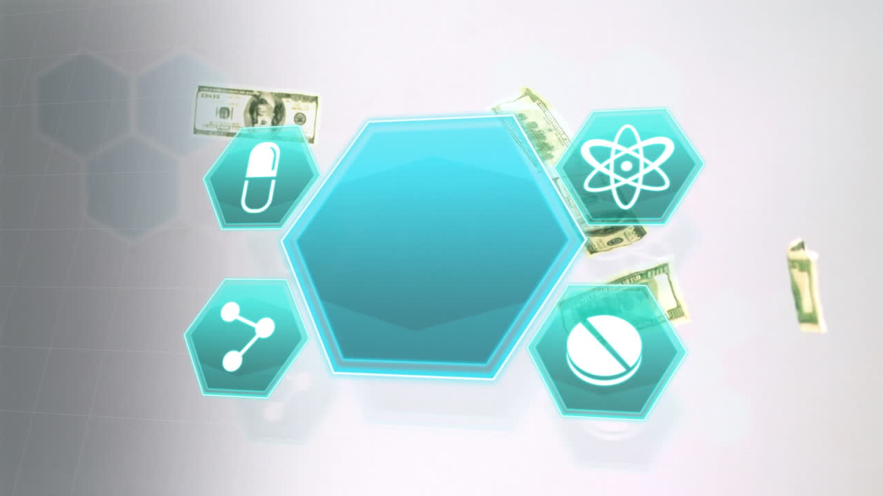 회색 배경에 떨어지는 미국 달러 지폐 위의 육각형 모양과 의료 아이콘의 애니메이션