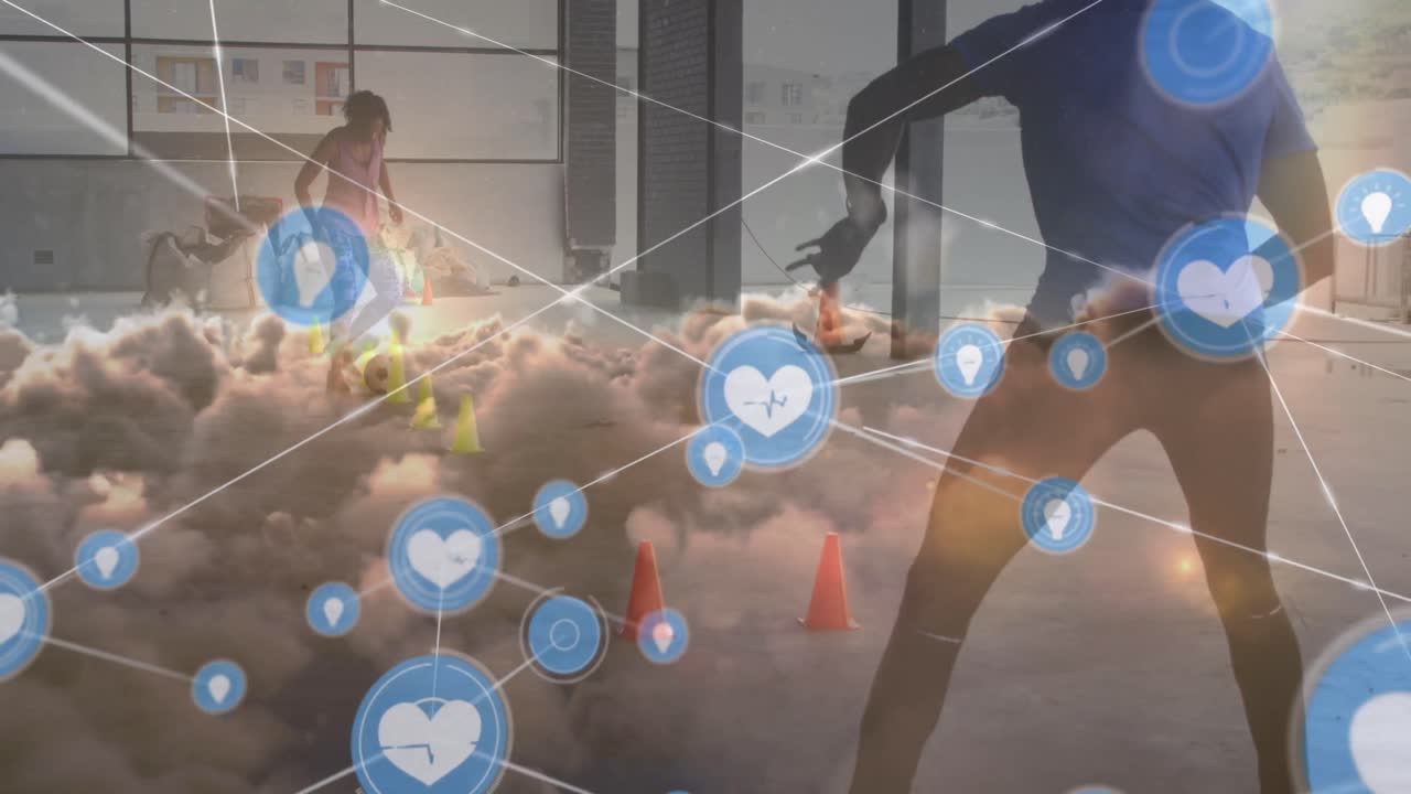 구름 위의 연결 네트워크의 애니메이션과 체육관에서 아프리카계 미국인 여성과 남성