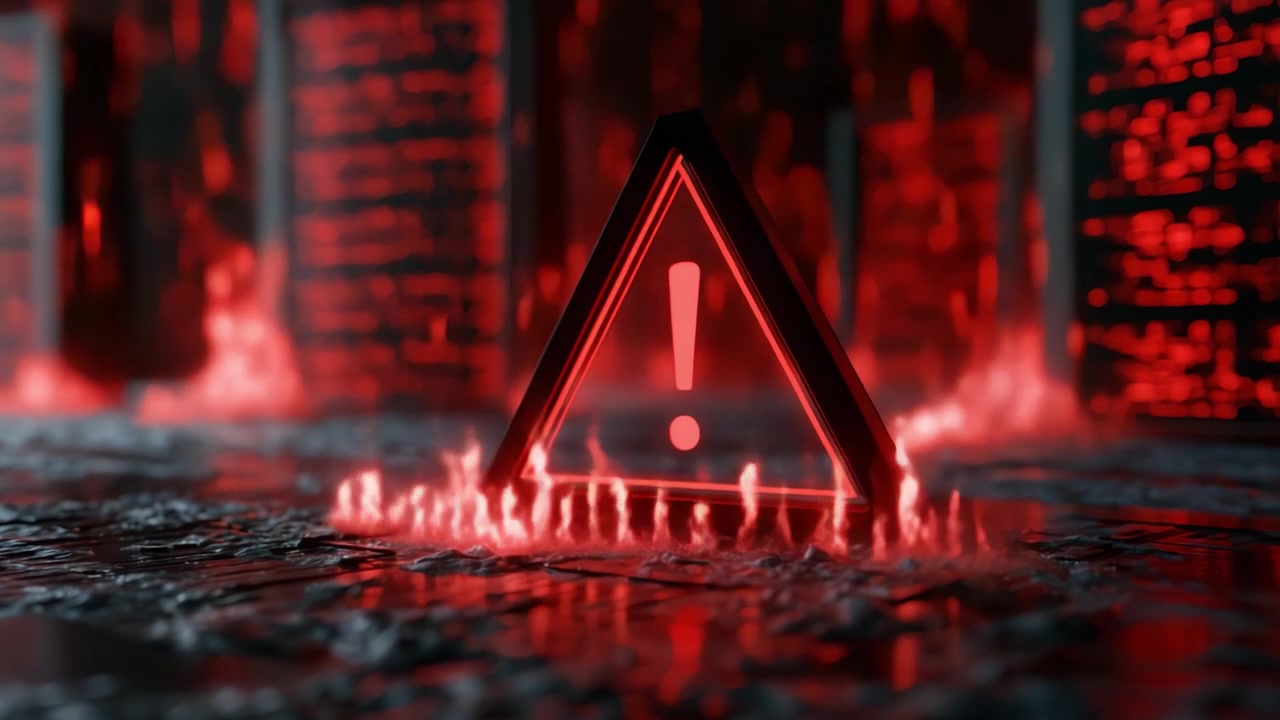 A striking visual representation of a glowing red warning triangle, surrounded by flickering flames and mysterious patterns, emphasizes a sense of urgency and caution in a futuristic environment.