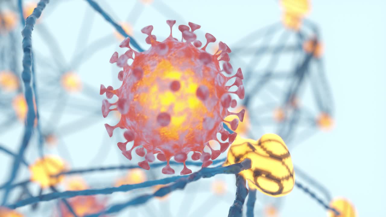 신경계 배경으로 분산된 코로나 바이러스, 3d 렌더링