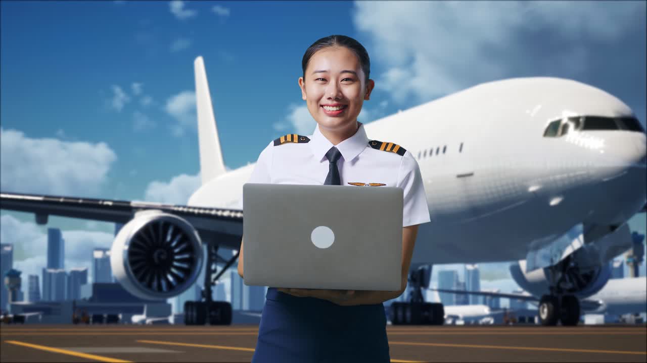 piloto mujer asiática usando una computadora portátil y sonriendo a la cámara mientras está de pie en el aeródromo con el avión en el fondo