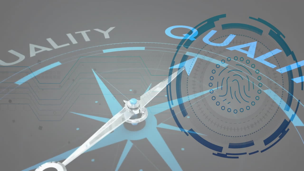 aguja de la brújula apuntando hacia texto de calidad, animación de huellas dactilares en el fondo