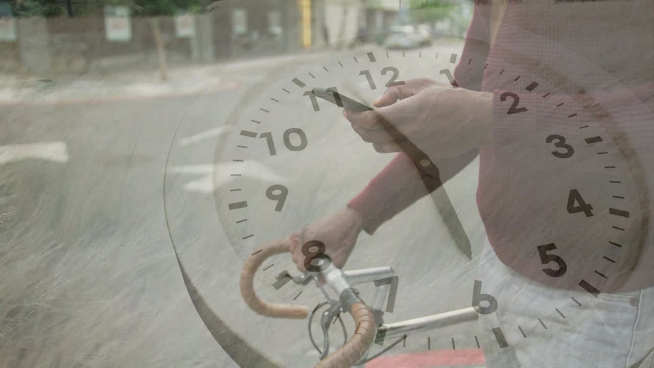 Male commuter riding bicycle in lane, checking phone and causing overlay clock showing time passing