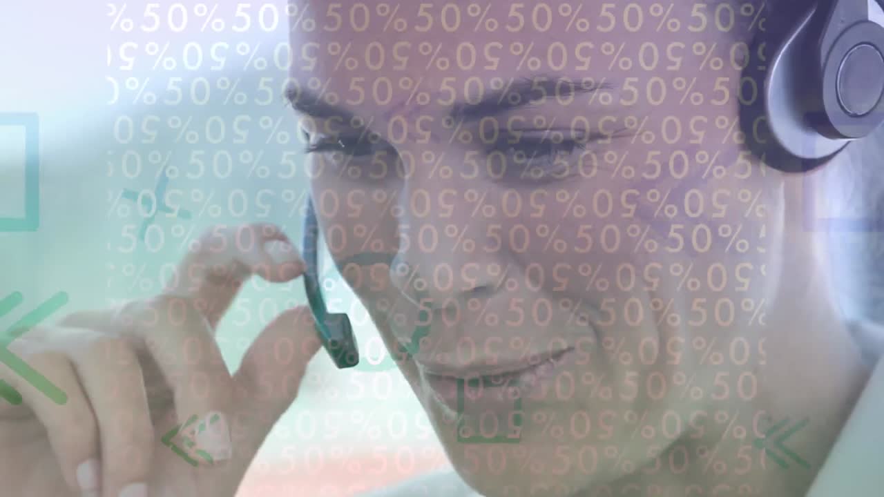 전화 헤드 ⁇ 을 착용 한 사업가 여성 위에 모양과 숫자의 애니메이션