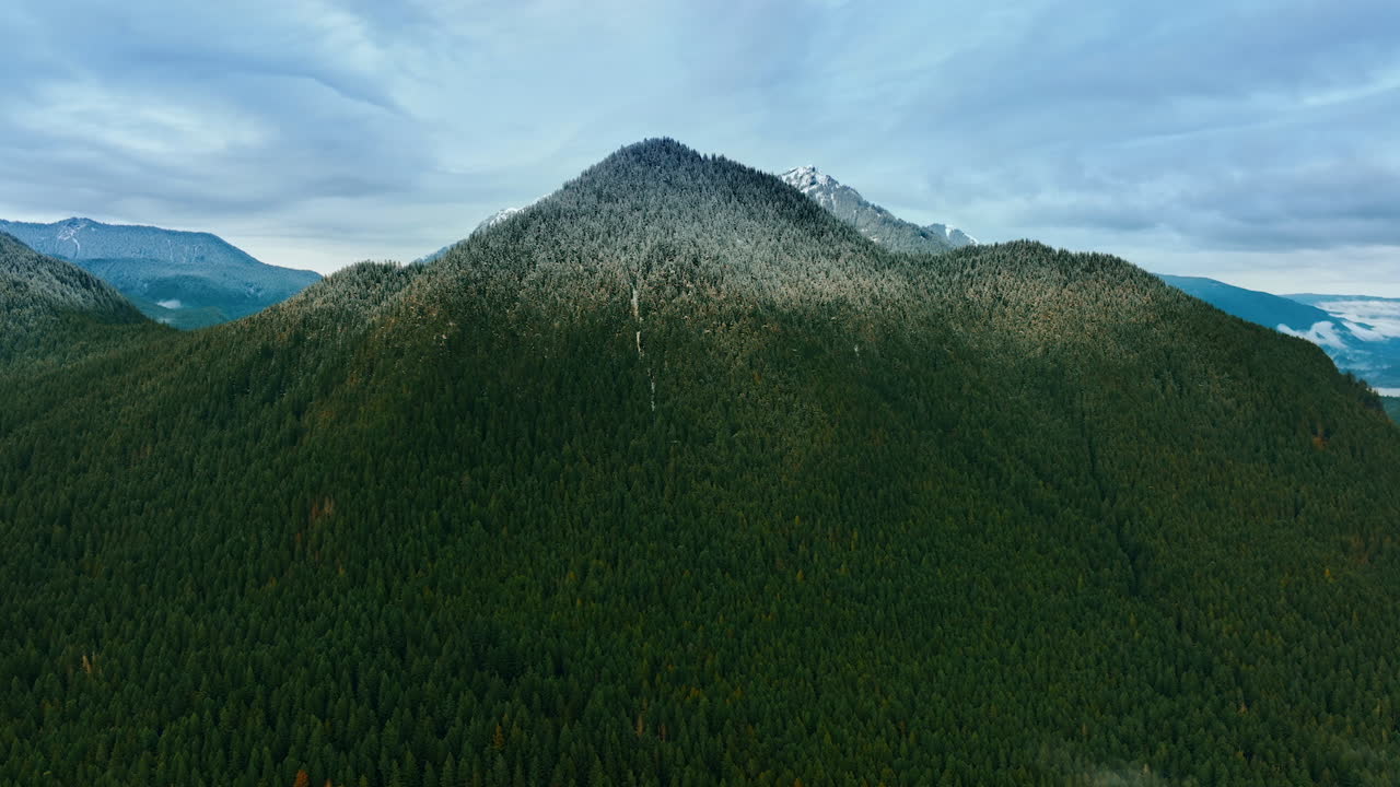 Approaching the spectacular mount covered with green pine tree forest. Scenery of Mount Rainer national Park, Washington State, the USA.