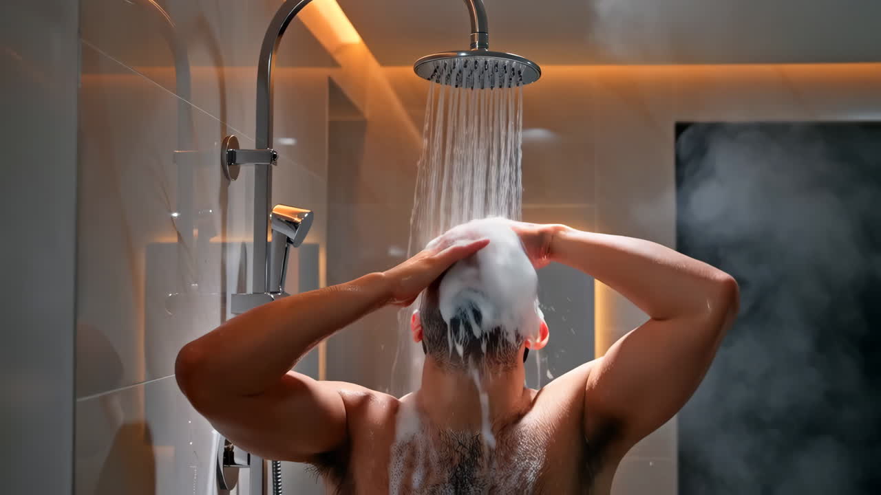 Man taking a shower in a modern bathroom
