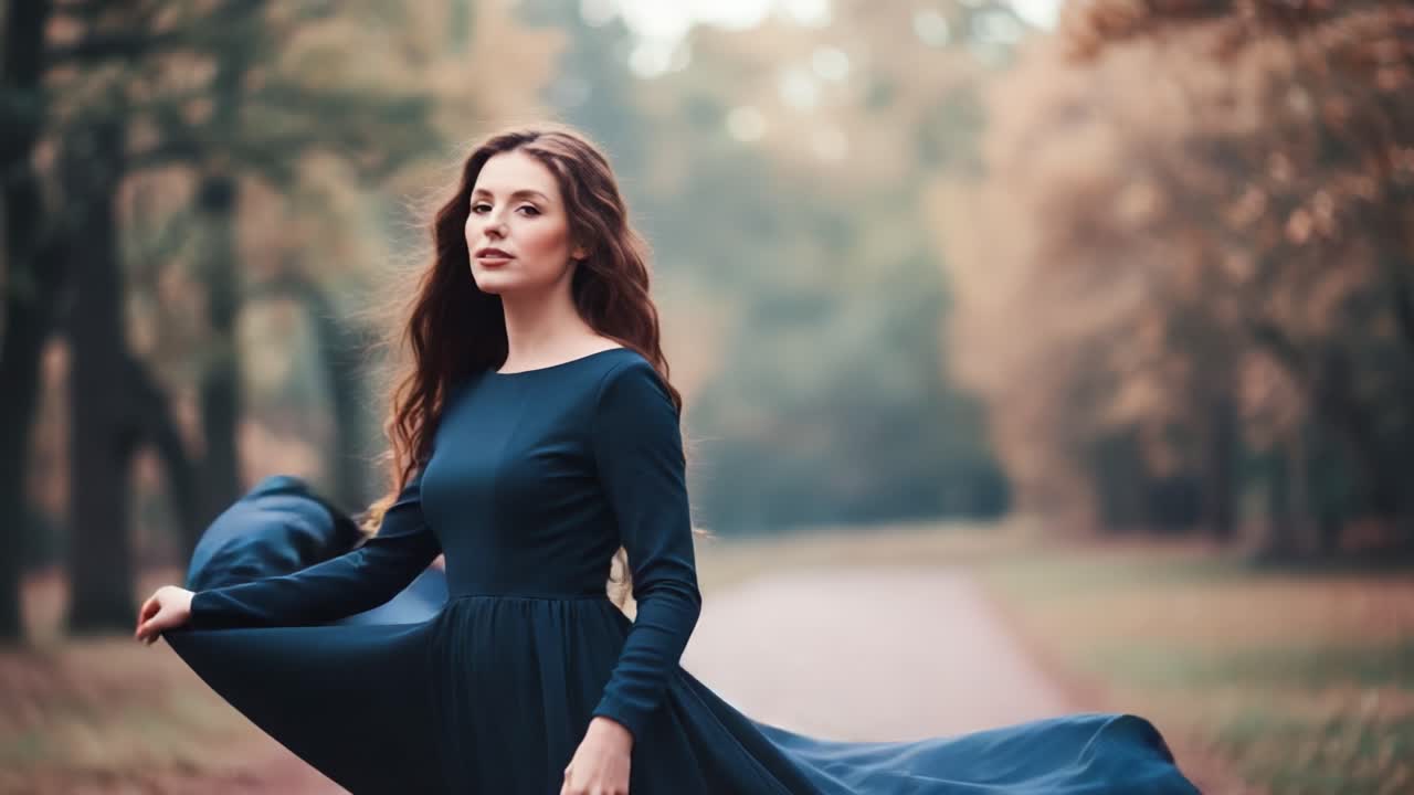 A Captivating Journey Through Nature: A Woman in a Flowing Black Dress Embraces the Autumn Wind with Long Hair Dancing Gracefully Amidst Vibrant Fall Foliage
